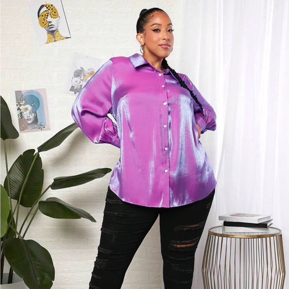 SHEIN Curve Metallic Purple Button Front Shirt US22